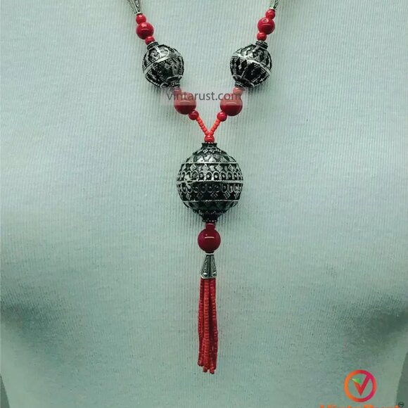 Handmade Red Beaded Necklace with Tribal Tassel Pendant, Beaded Chain Necklace - Picture 9 of 13